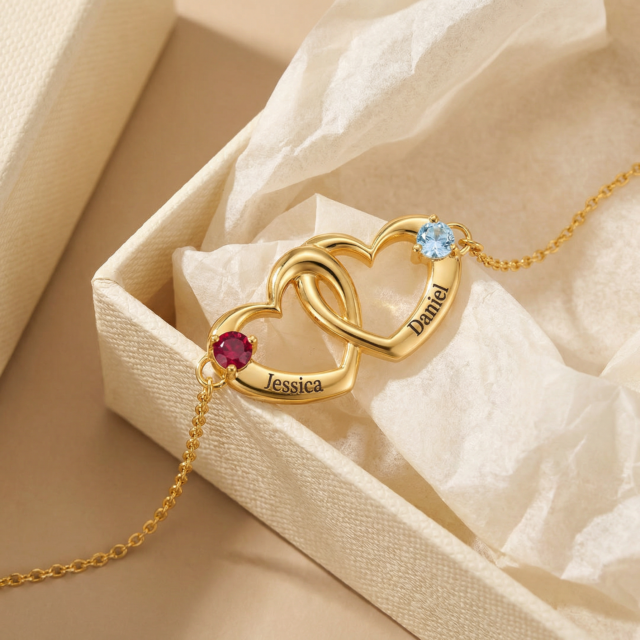 Personalized Name & Birthstone Dual Heart Bracelet