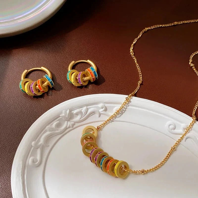 Gold Accented Colorful Circles Necklace and Earrings