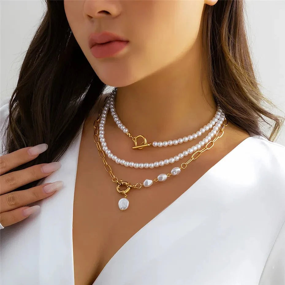 Classy Beaded Pearl Necklace Stacks