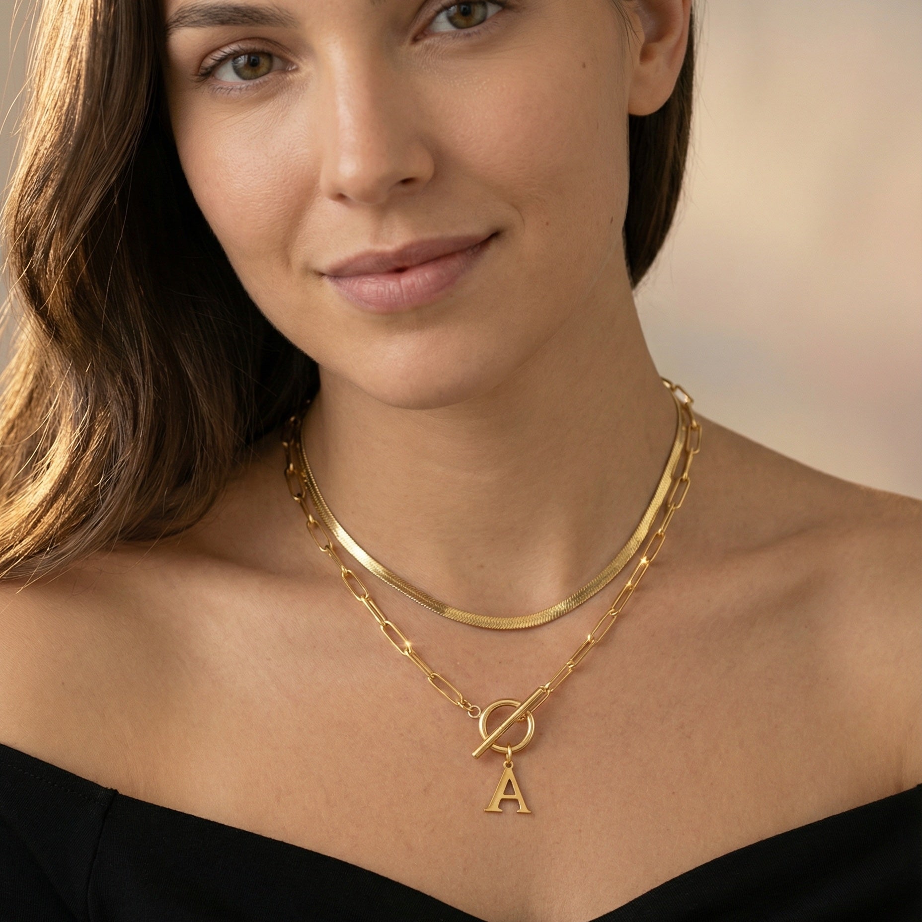 2pc Paperclip Initial Toggle Clasp & Herringbone Necklace Set