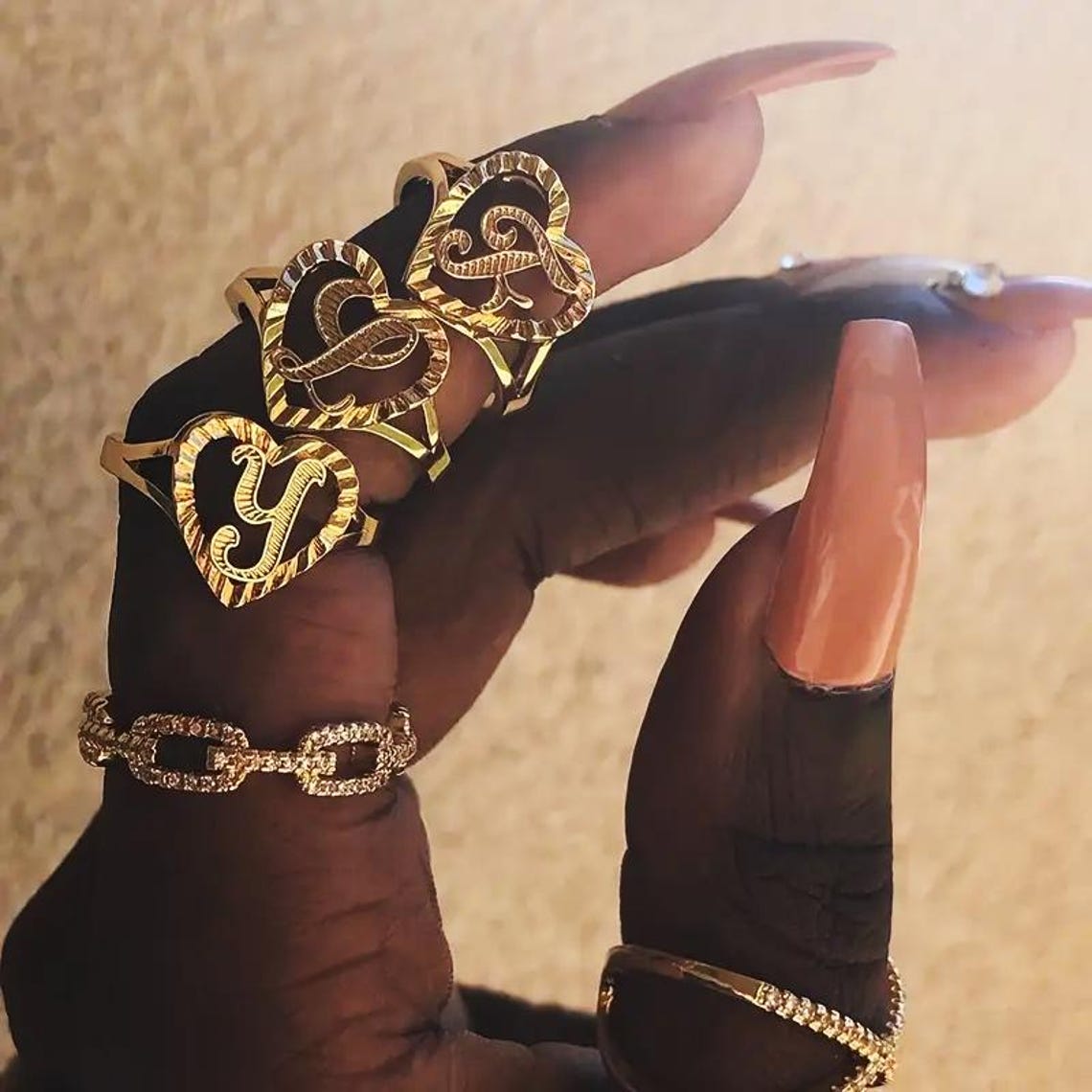 Elegant Cursive Letter Initial Heart Ring