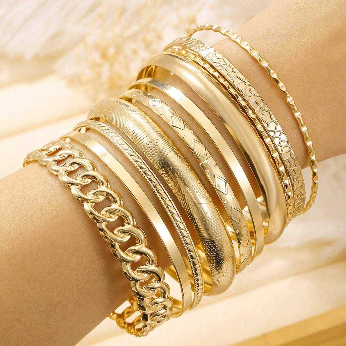 14k 10pc Chunky Variety Bracelet Stack