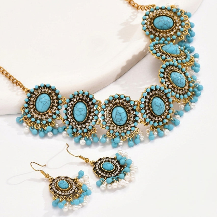 Boho Turquoise Earrings & Choker Necklace Set
