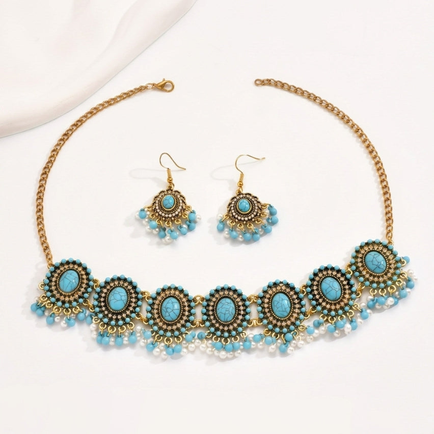 Boho Turquoise Earrings & Choker Necklace Set