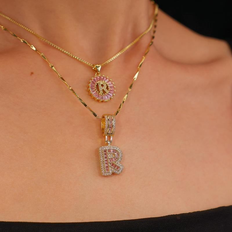 2pc 14k Diamond Letter Initial Necklaces (Limited Pink Edition)
