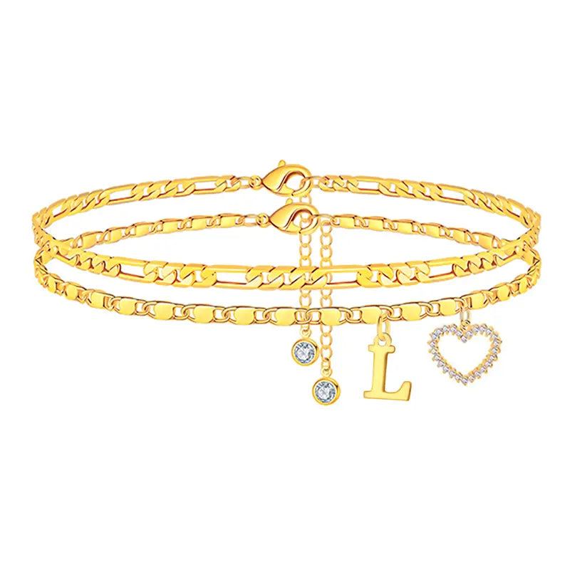 2pc 14k Letter Initial & Diamond Heart Anklet
