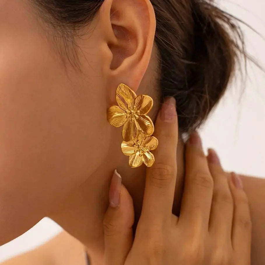 Layered Hibiscus Flower Floral Earrings