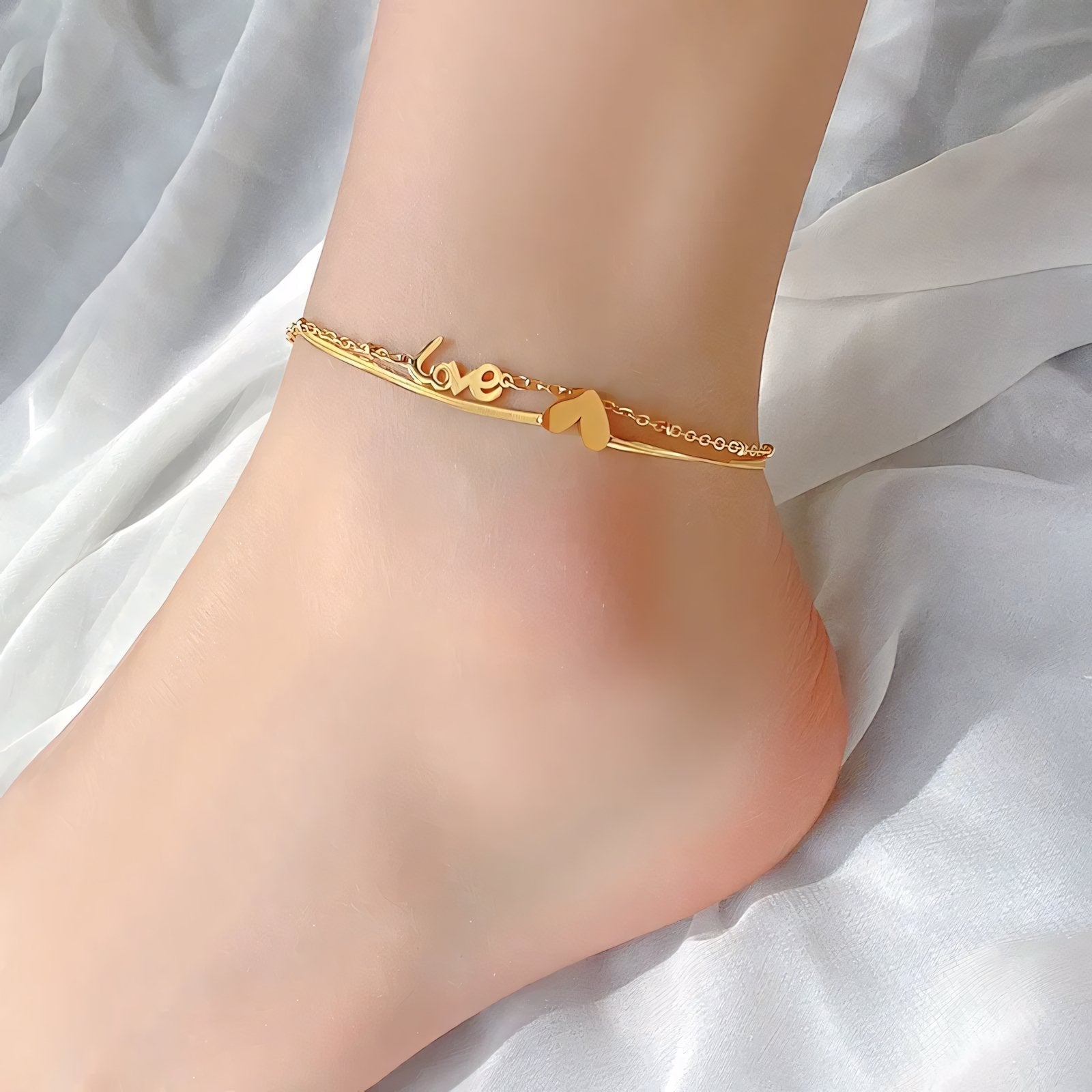 Layered Love Heart Golden Anklet