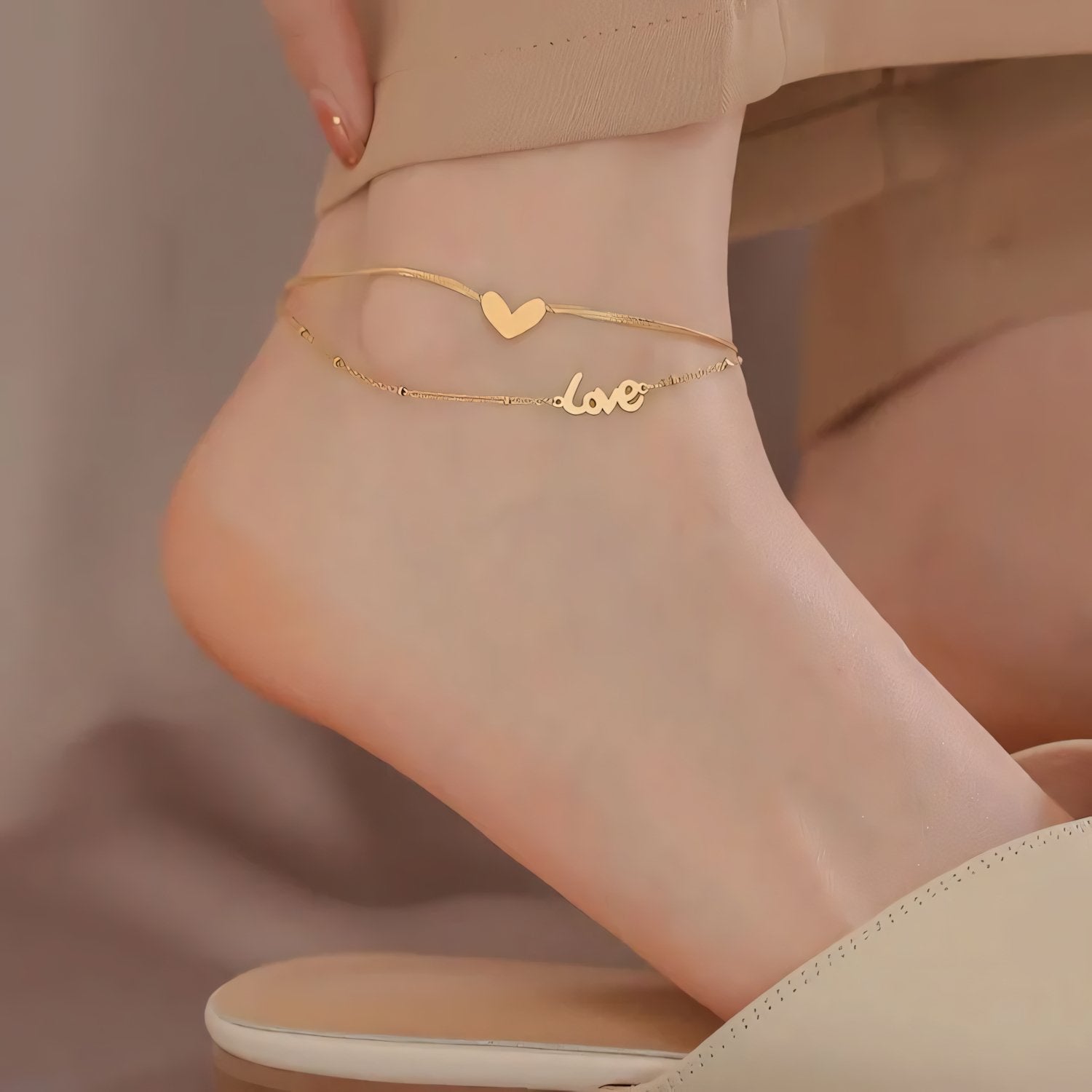 Layered Love Heart Golden Anklet