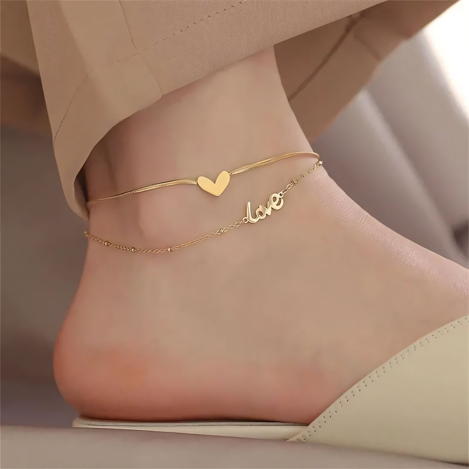 Layered Love Heart Golden Anklet