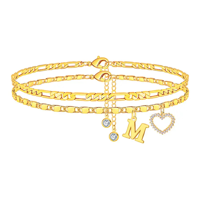 2pc 14k Letter Initial & Diamond Heart Anklet