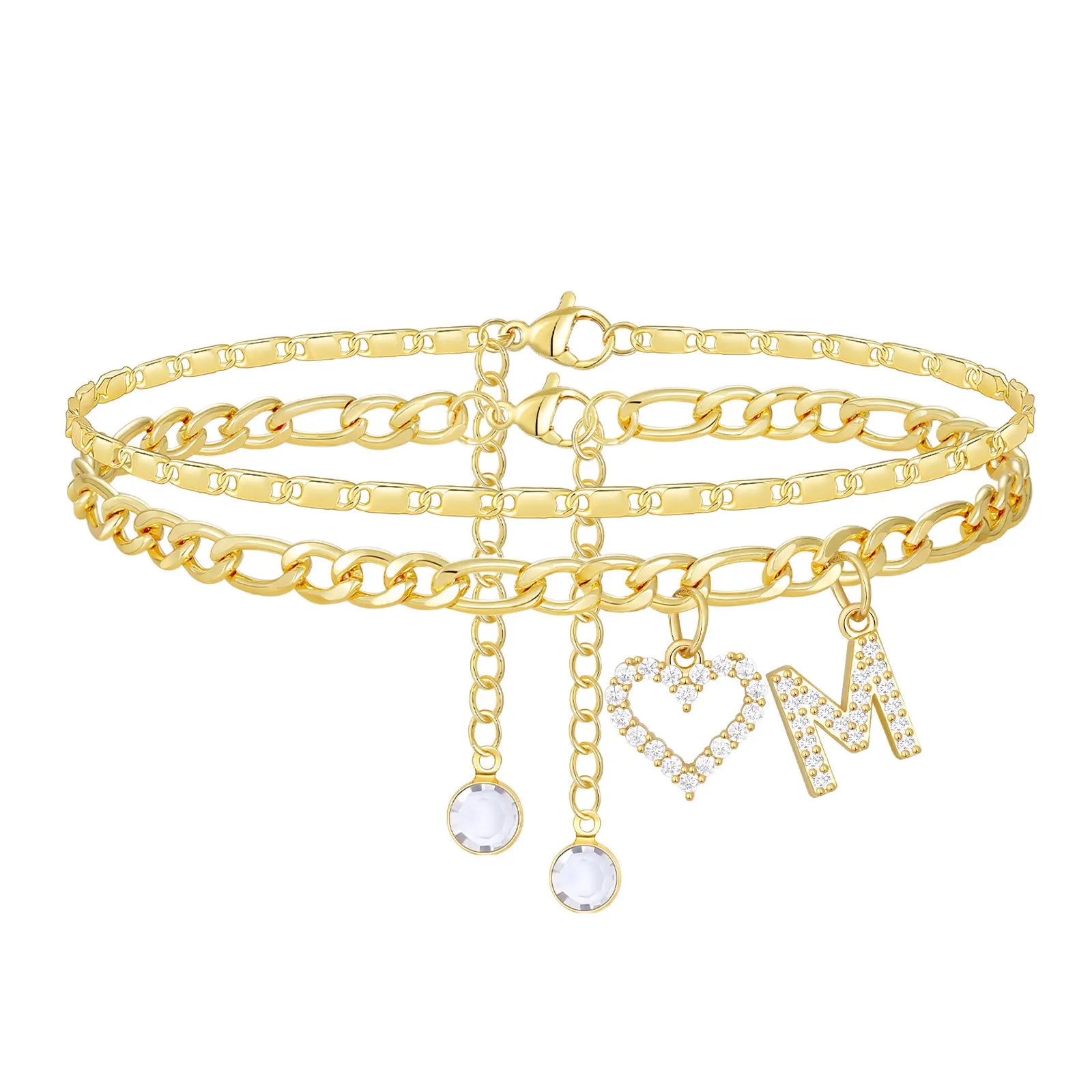 2pc 14k Letter Initial & Diamond Heart Anklet