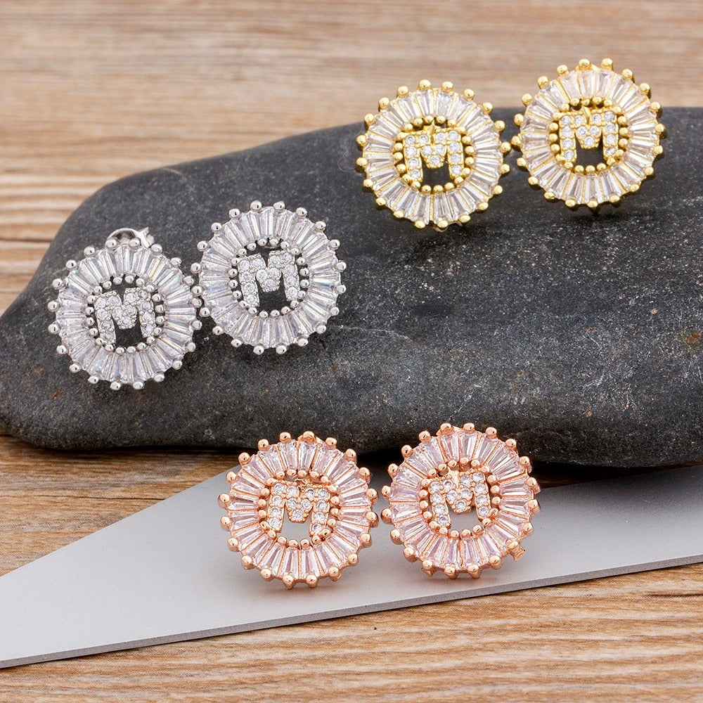 Dainty Halo Diamond Letter Initial Stud Earrings