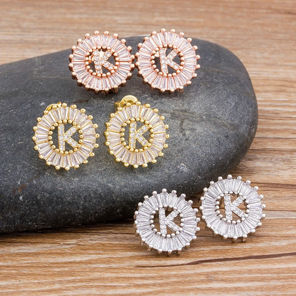 Dainty Halo Diamond Letter Initial Stud Earrings