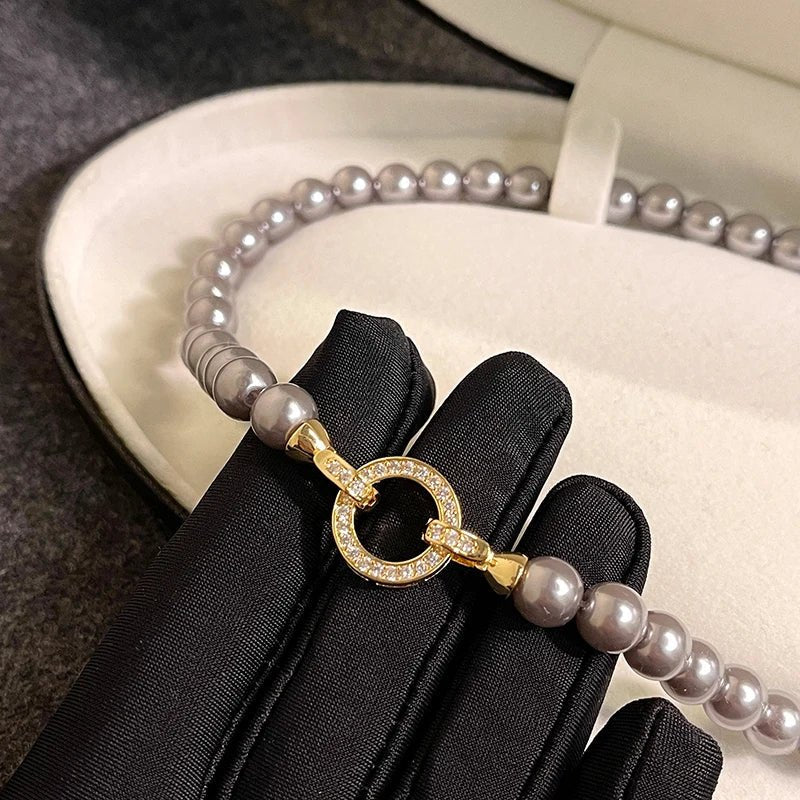 Pearl Diamond Accented Circle Pendant Bracelet and Necklace