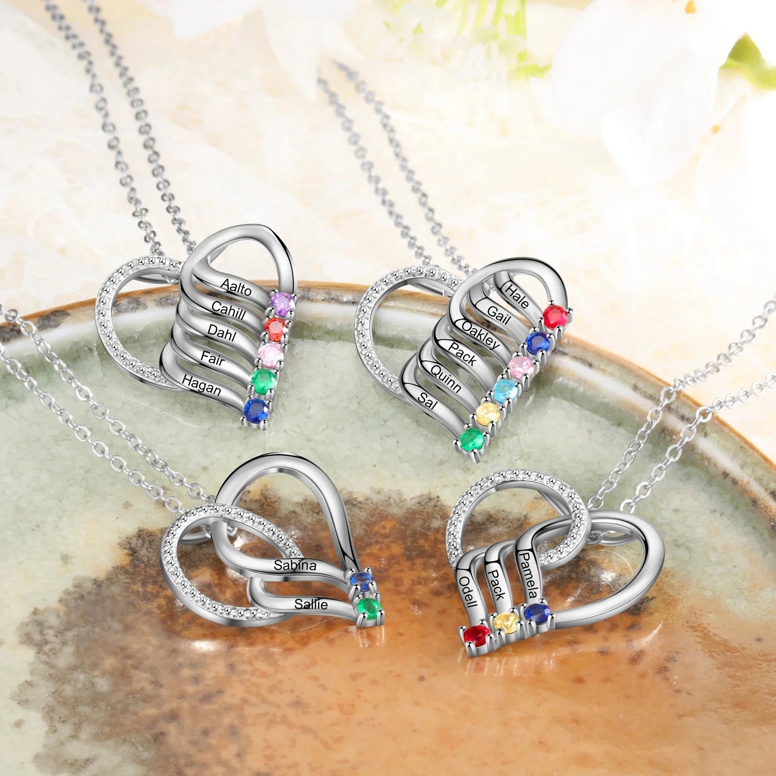 Personalized Name & Birthstone Heart Striped Pendant Necklace