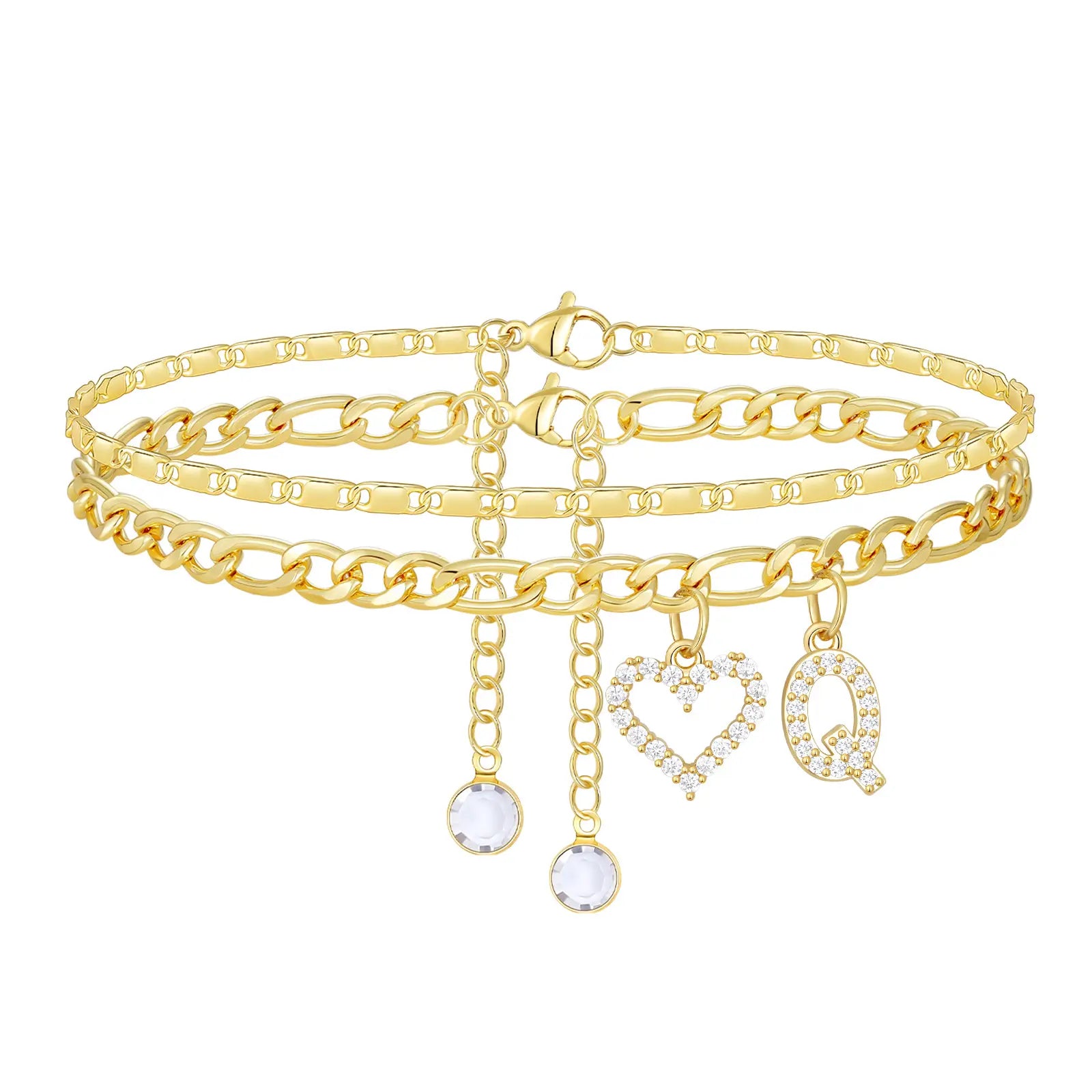 2pc 14k Letter Initial & Diamond Heart Anklet