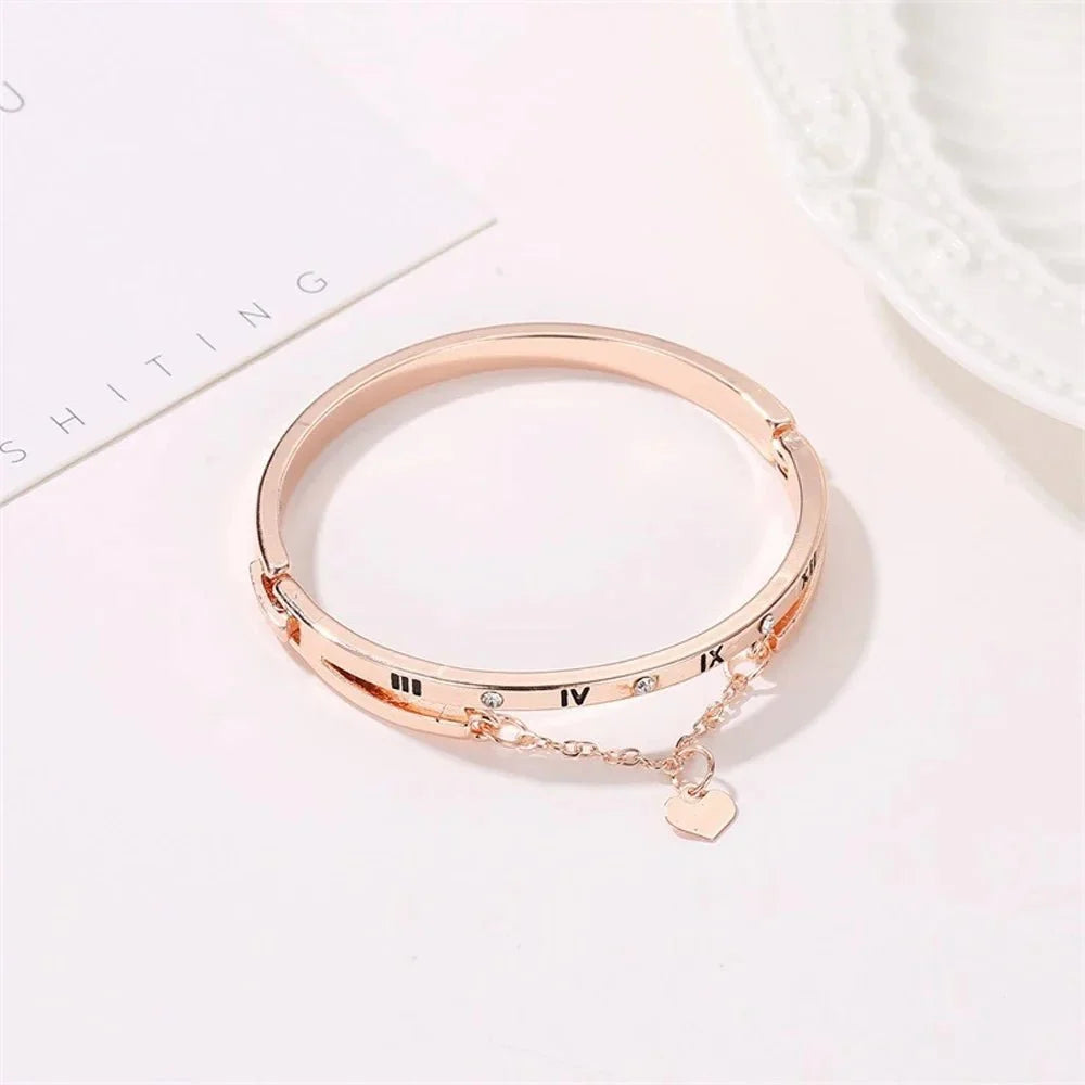 Roman Numeral Heart Dangle Cuff Bracelet