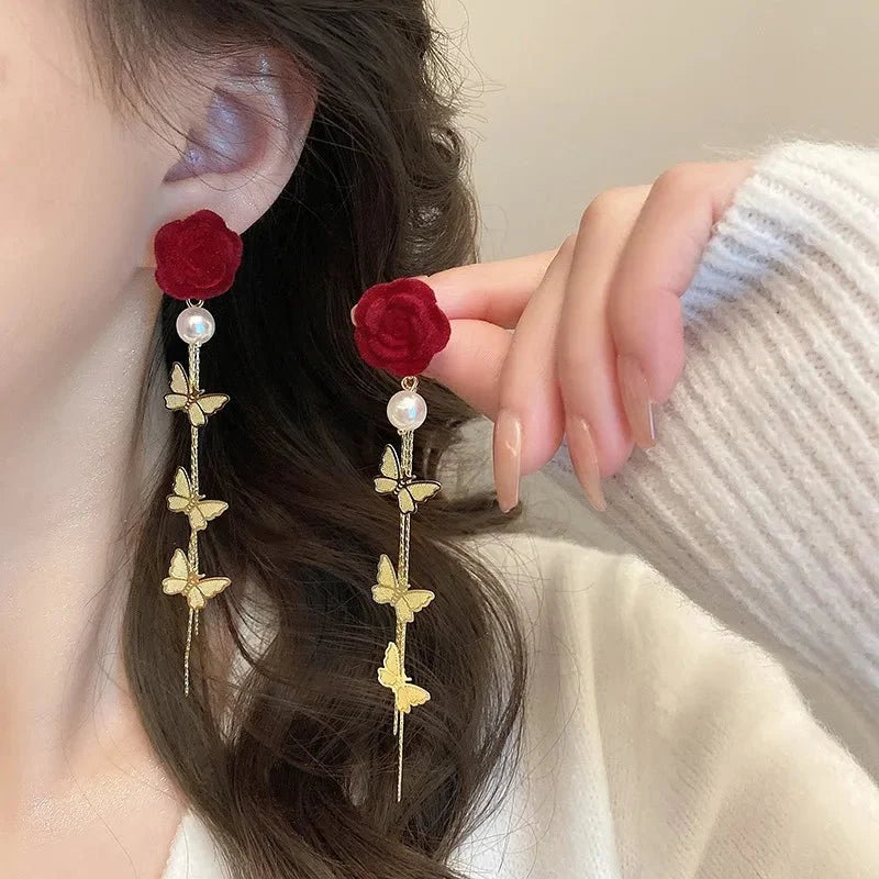 Romantic Rose Pearl Butterfly Dangle Earrings