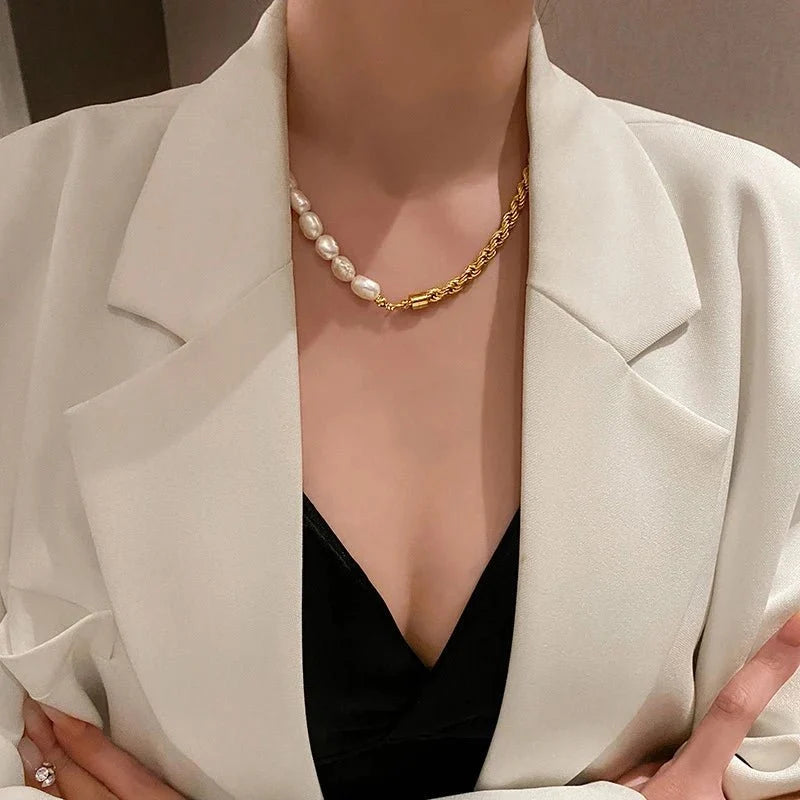 Rope Chain Pearl Contrast Bracelet and Necklace