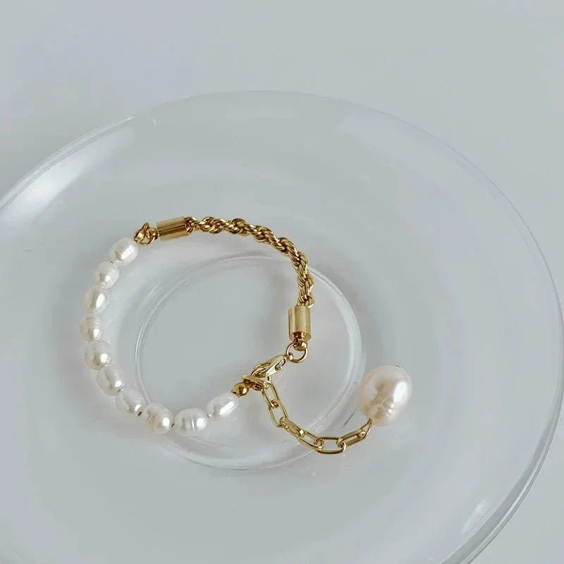 Rope Chain Pearl Contrast Bracelet and Necklace