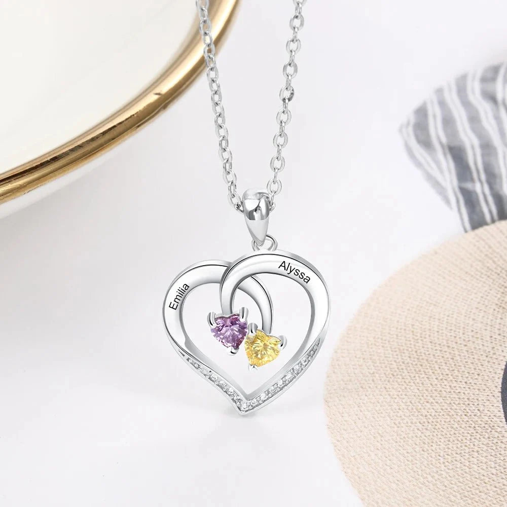 S925 Personalized Two Name & Birthstone Heart Pendant Necklace