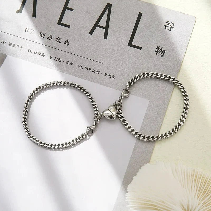 Simple Couples Cuban Magnetic Heart Bracelet Set