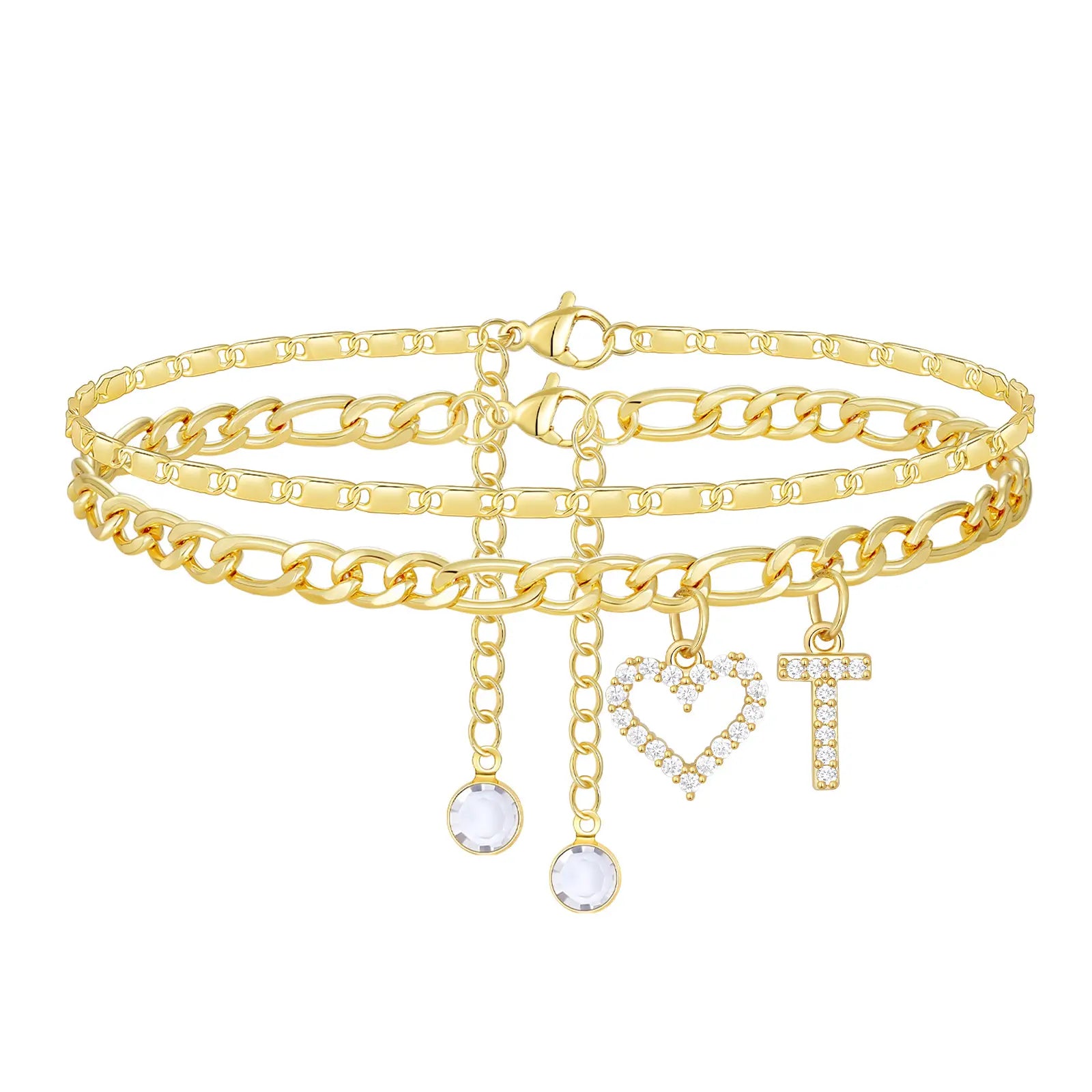 2pc 14k Letter Initial & Diamond Heart Anklet