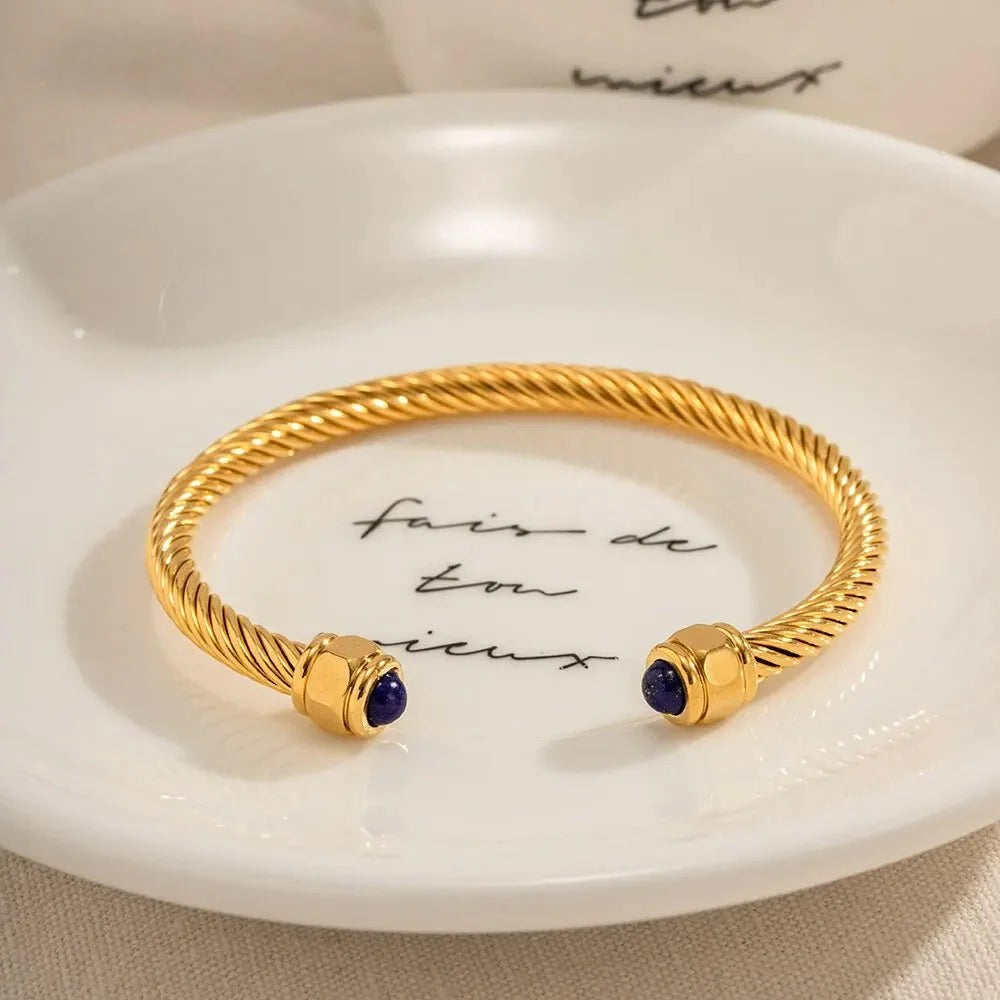 Twisted Gem Stone Ends Bangle Bracelet