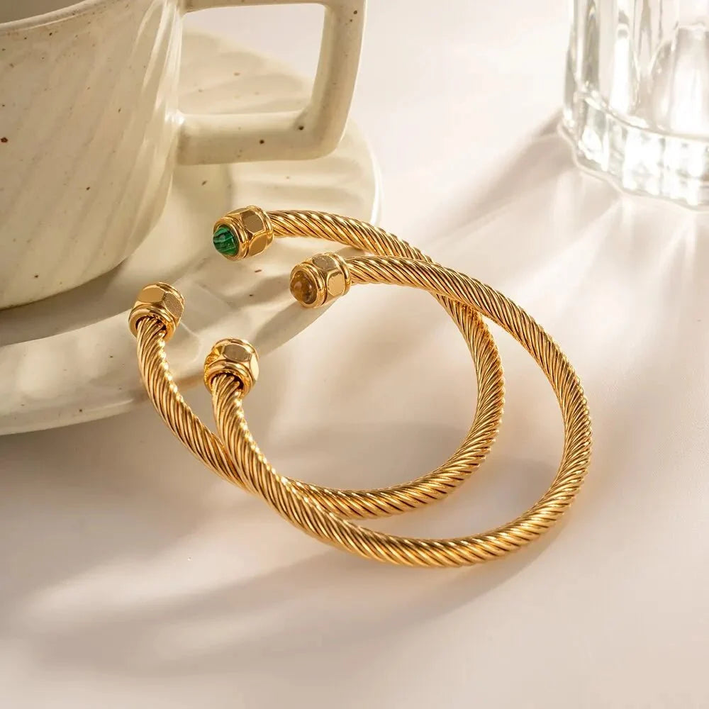 Twisted Gem Stone Ends Bangle Bracelet