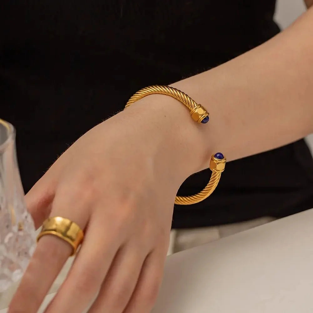 Twisted Gem Stone Ends Bangle Bracelet