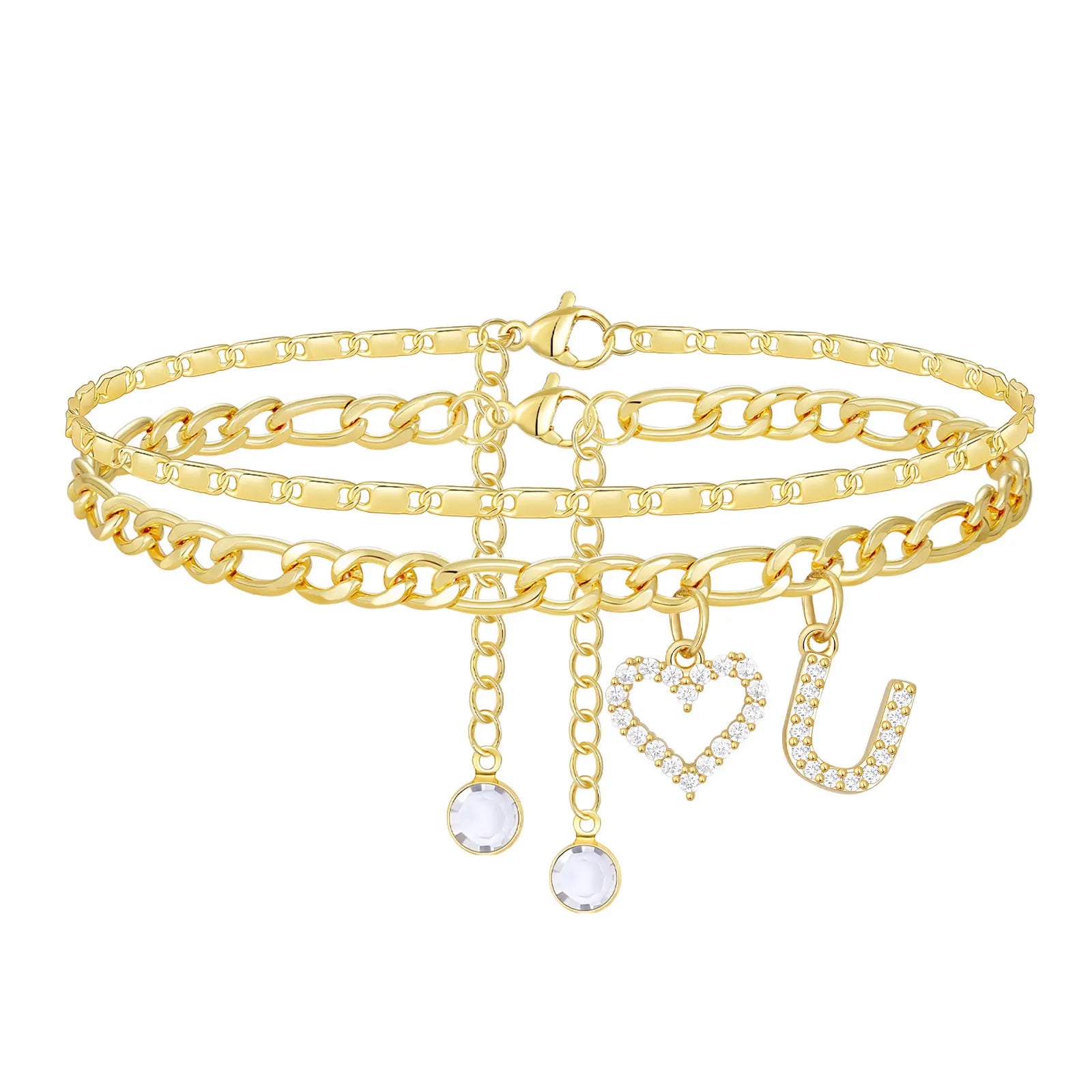 2pc 14k Letter Initial & Diamond Heart Anklet