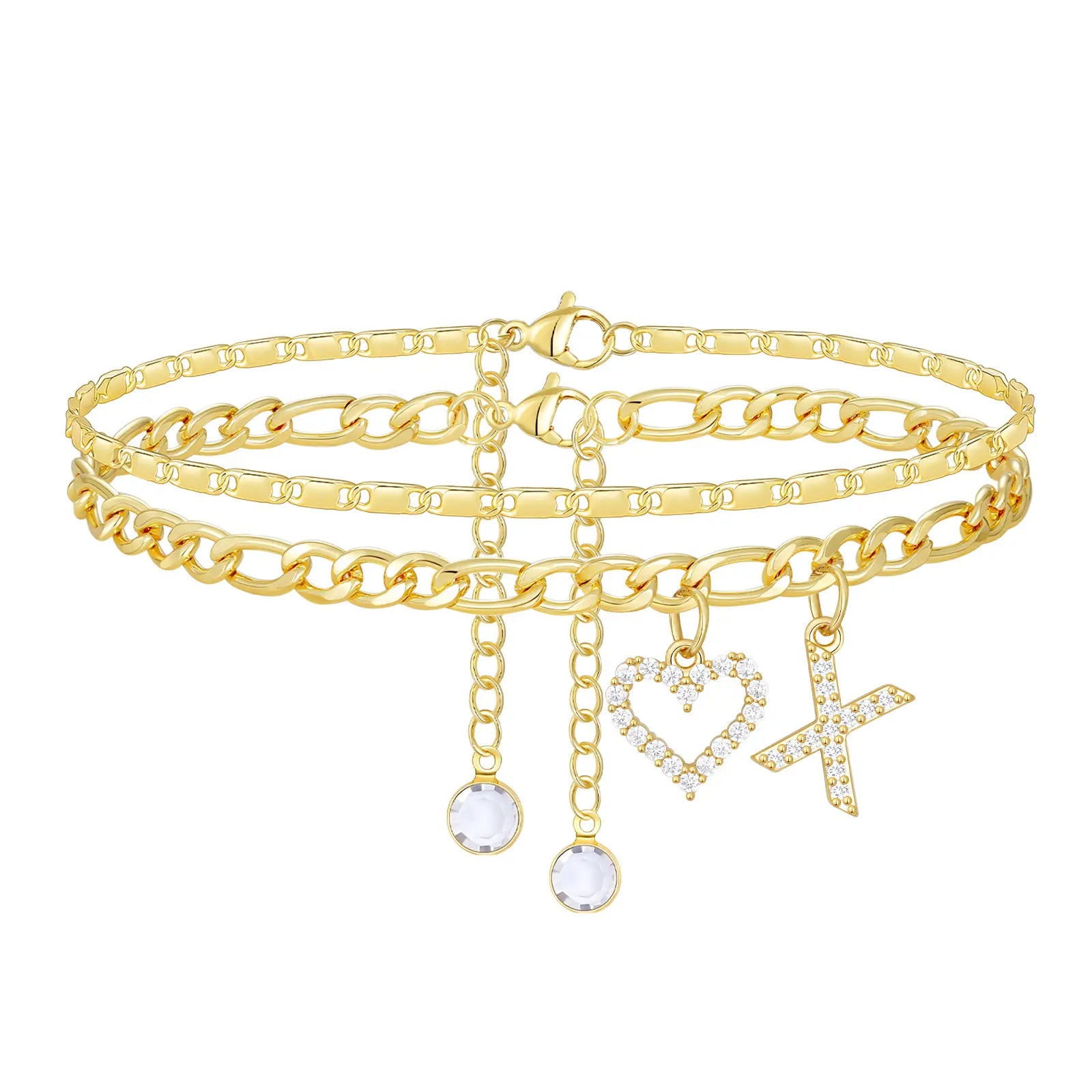 2pc 14k Letter Initial & Diamond Heart Anklet