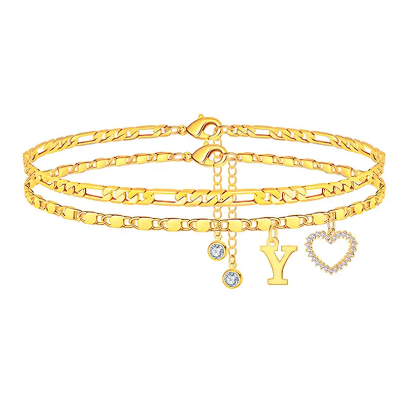 2pc 14k Letter Initial & Diamond Heart Anklet