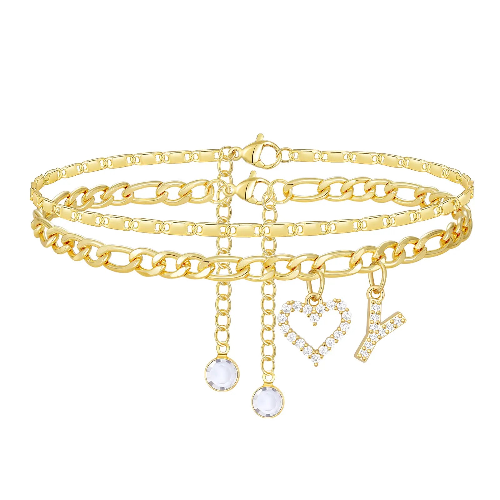 2pc 14k Letter Initial & Diamond Heart Anklet